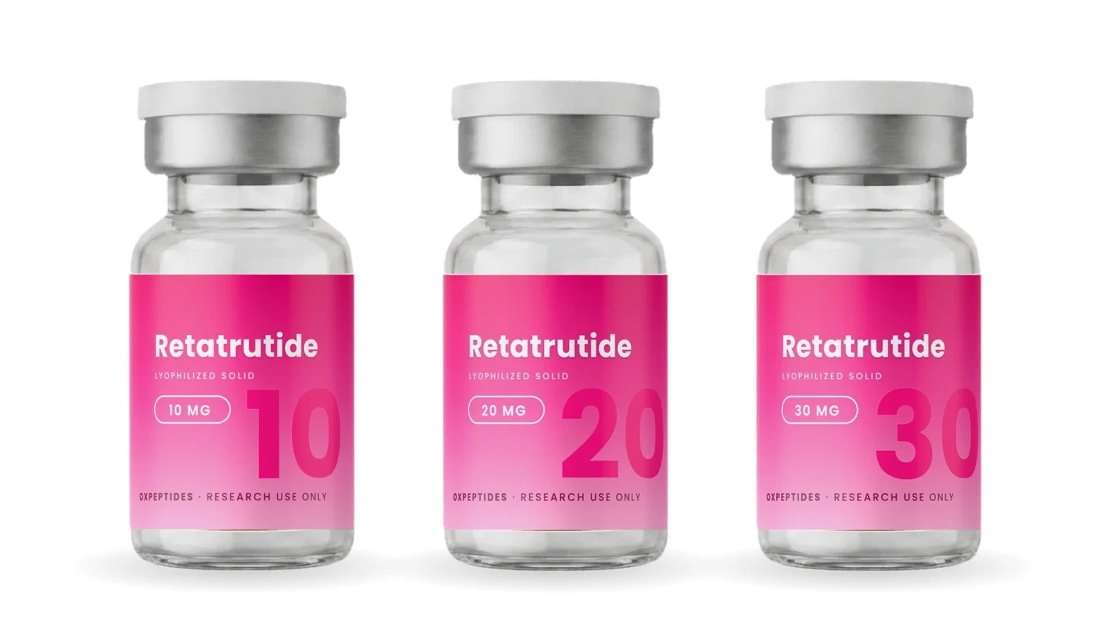 OXpeptides Retatrutide vials, 10 mg, 20 mg and 30 mg, sealed crimp-cap glass on white